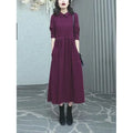 Purplish red solid colour plus size women's dress with long sleeves and long skirt for autumn winter.