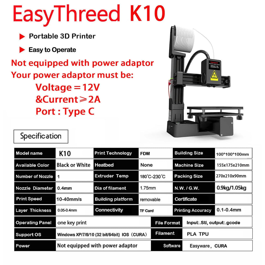 White EasyThreed K10 3D printer with 175mm print volume for TPU and PLA filaments