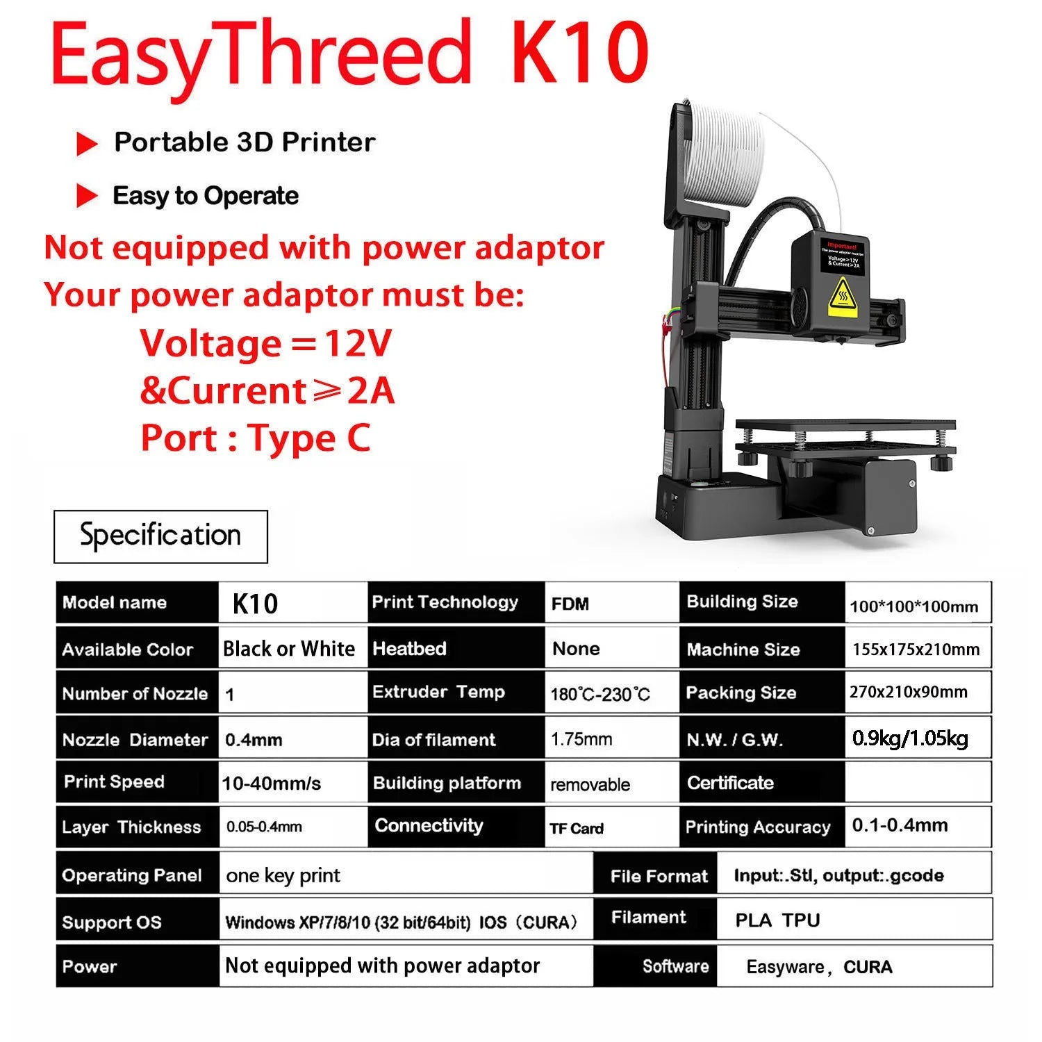 White EasyThreed K10 3D printer with 175mm print volume for TPU and PLA filaments