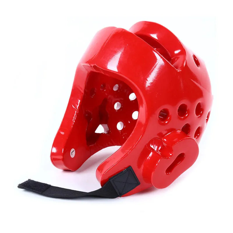 Red and blue karate protective gear set showing leg guards, helmet, and boxing gloves on a white background.