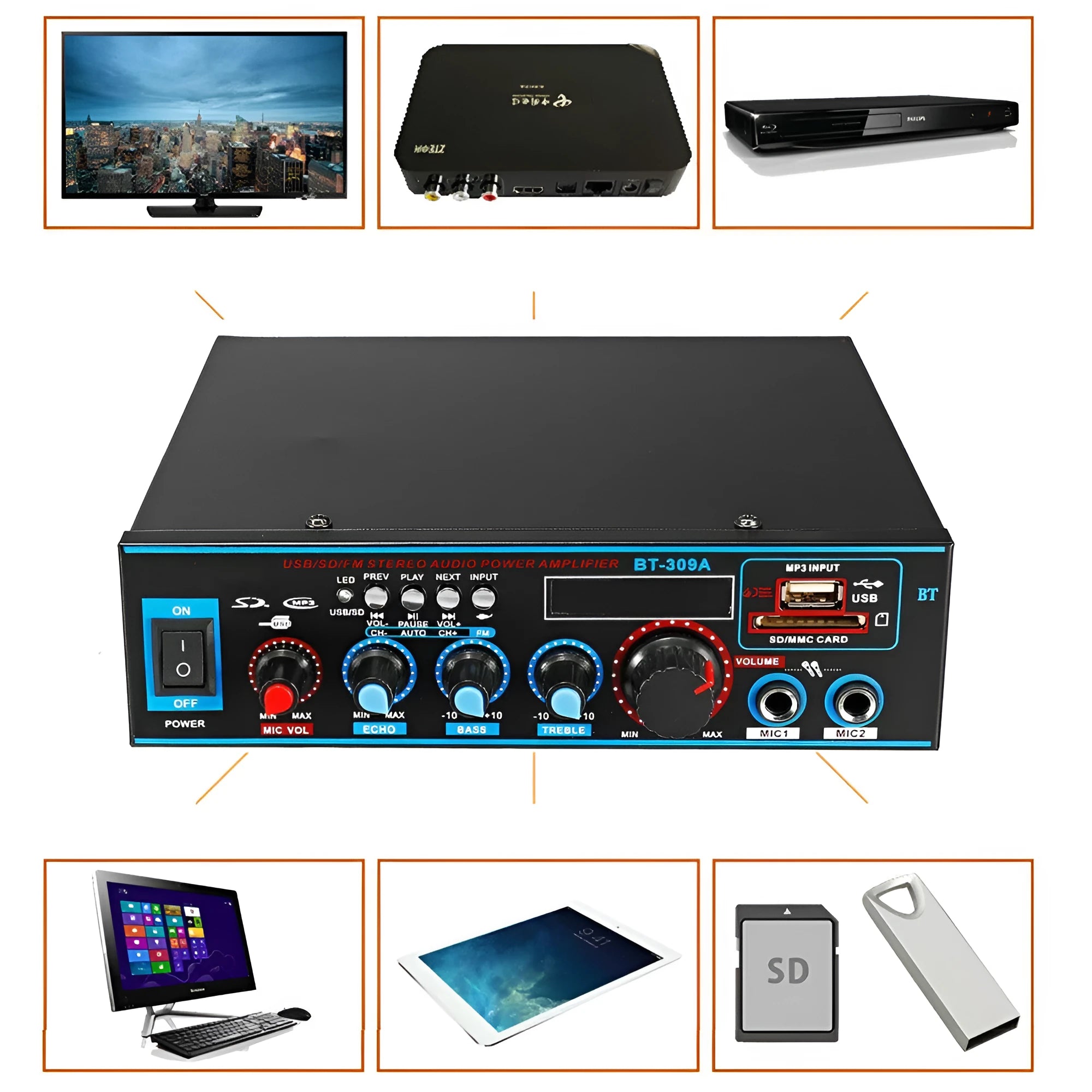 Black BT-309A-A dual-purpose power amplifier with Bluetooth and FM radio for home and car use