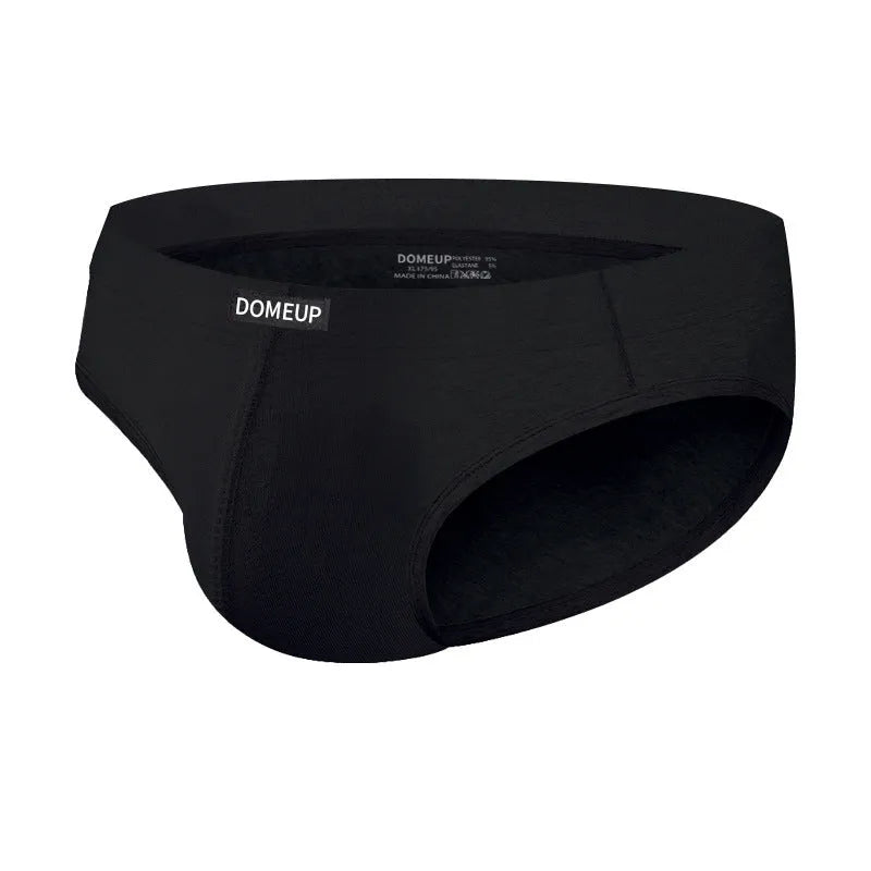 Men's solid colour low-waist briefs in white, black, or pink with seamless construction