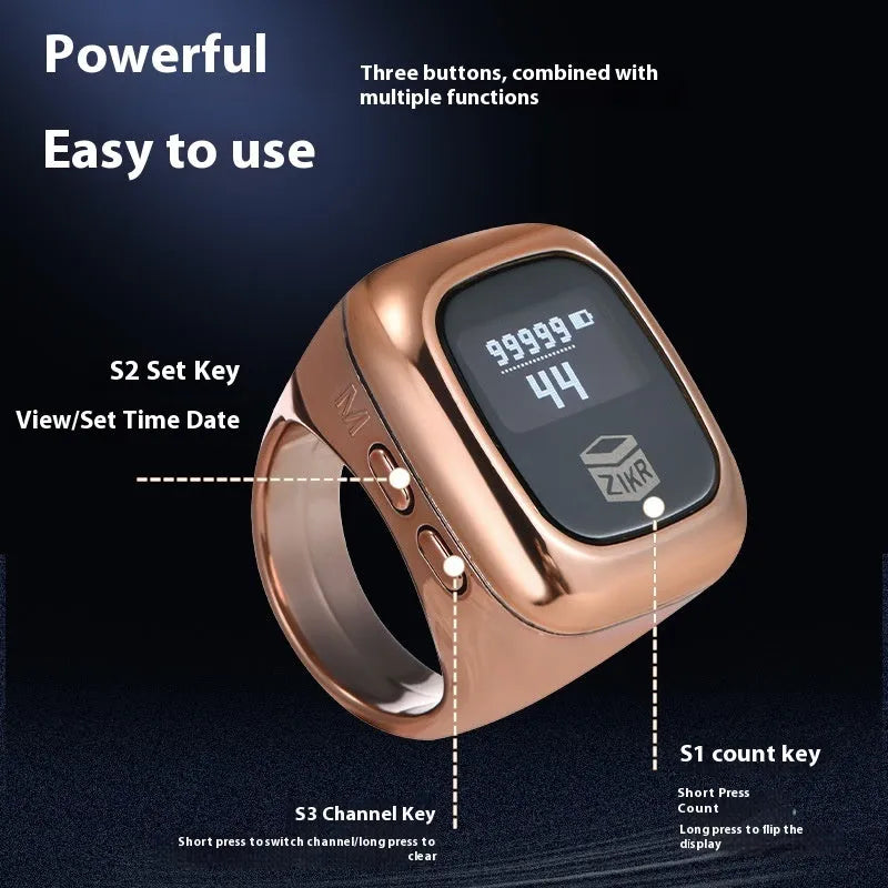 Al-Fatiha electronic dhikr counter with digital display in rose gold, black, and green colour options.