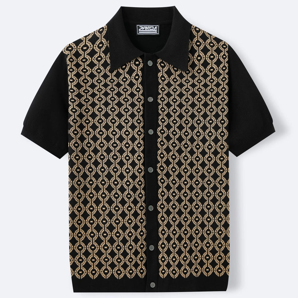 Men's short-sleeved Tencel cardigan with geometric jacquard and flocking, lapel collar, available in black, brown, blue