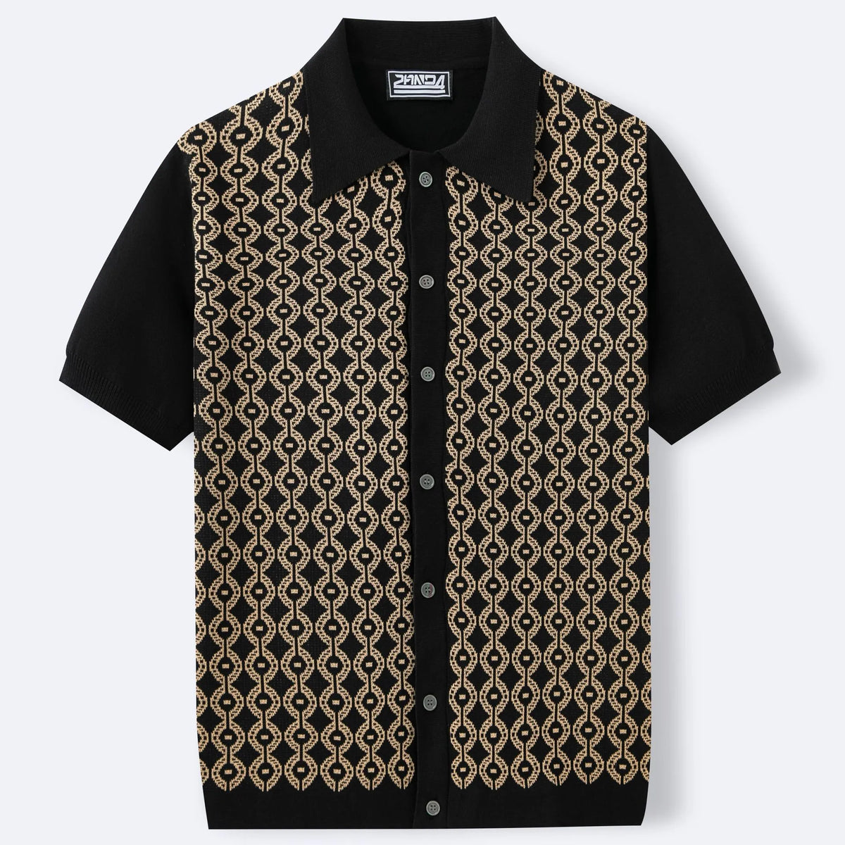 Men's short-sleeved Tencel cardigan with geometric jacquard and flocking, lapel collar, available in black, brown, blue