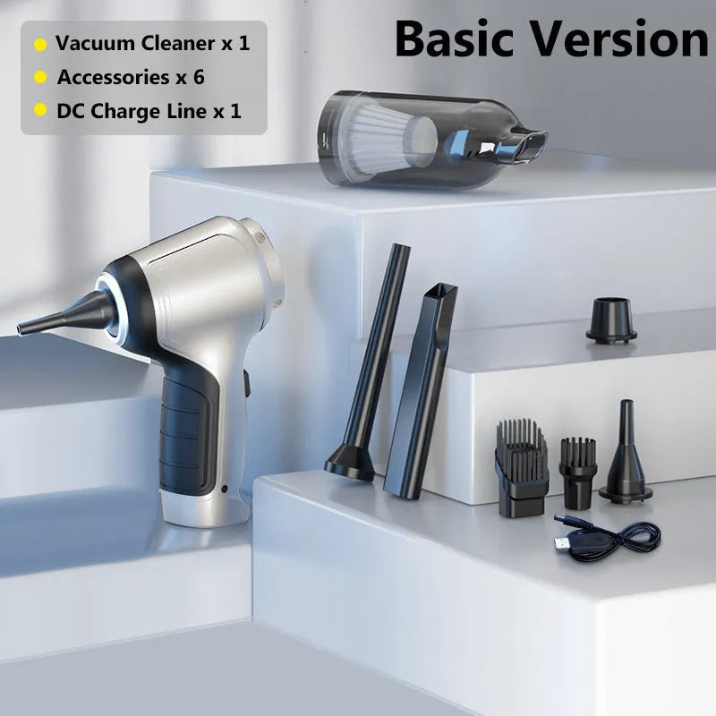 Handheld and vertical vacuum cleaner with brushless motor mounted in car with charging cable and accessories bag