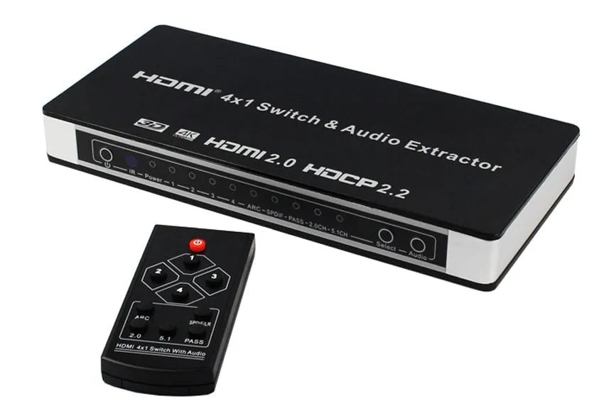 Black HDMI audio video switch unit with remote control and 10-metre cables for connecting four sources to one display.
