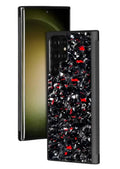 Samsung Galaxy S21 phone in a Forged Red pattern protective case.