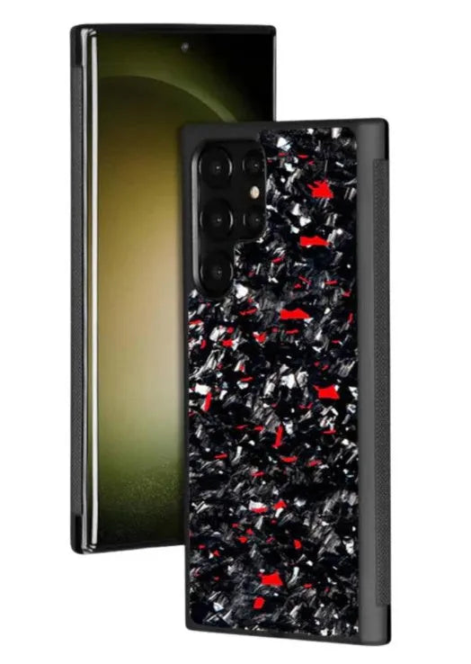 Samsung Galaxy S21 phone in a Forged Red pattern protective case.