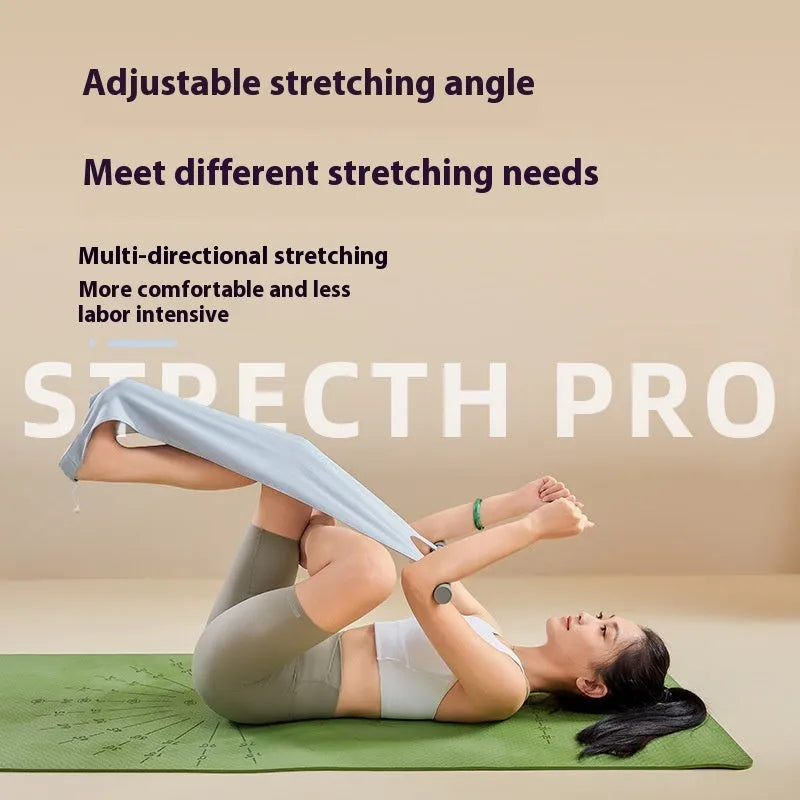 Grey and pink yoga stretching tool for shoulder, back, and hip flexibility exercises.