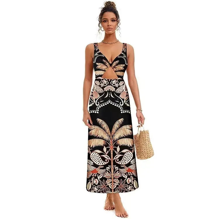 Women's black one-piece polyester swimsuit on a hanger, with alternative yellow and printed styles shown.