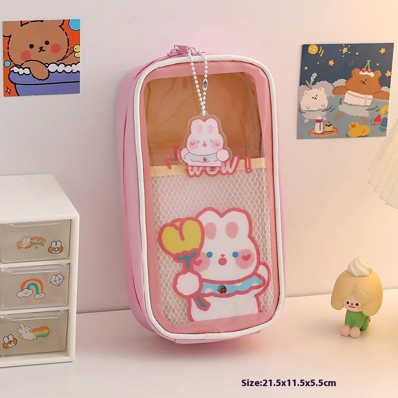 Transparent cartoon student pencil case with large capacity for stationery organisation