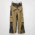 Women's dark khaki leopard print high-waist jeans with retro tooling stitching detail