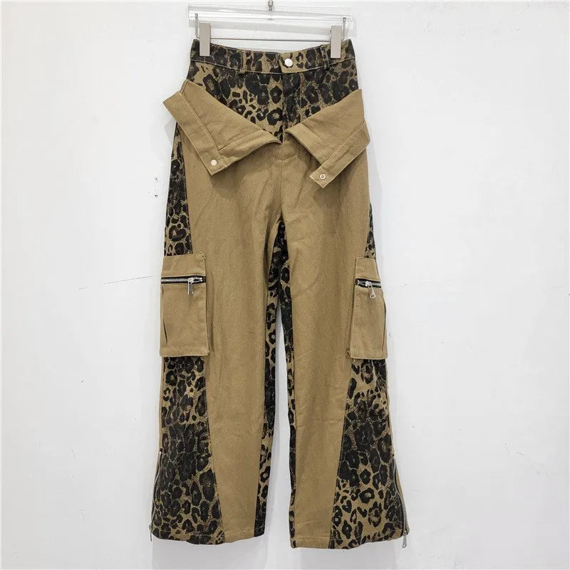 Women's dark khaki leopard print high-waist jeans with retro tooling stitching detail