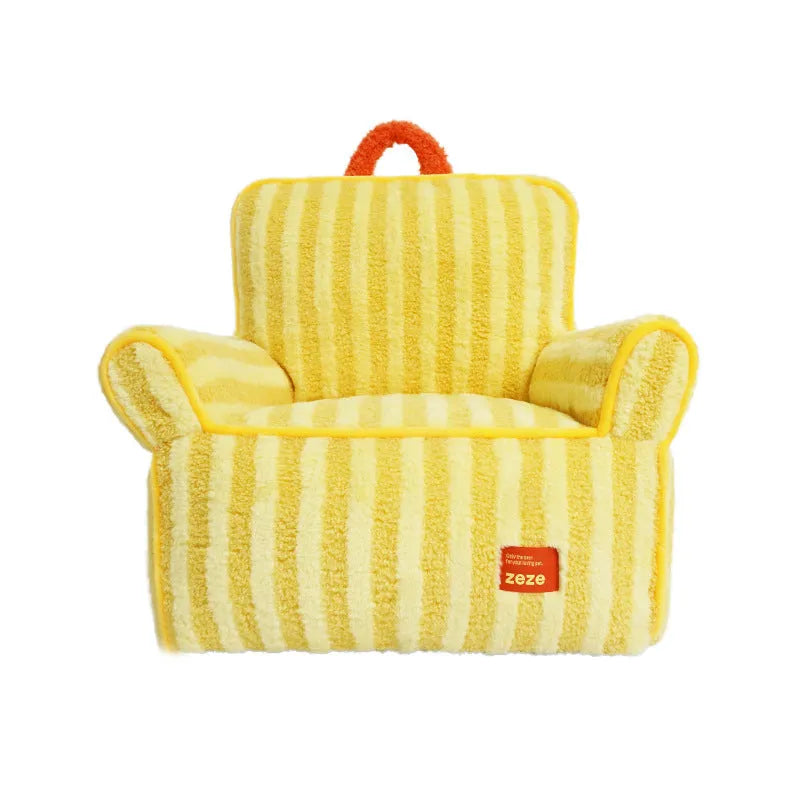 Striped orange plush fabric dog bed with a removable cover.
