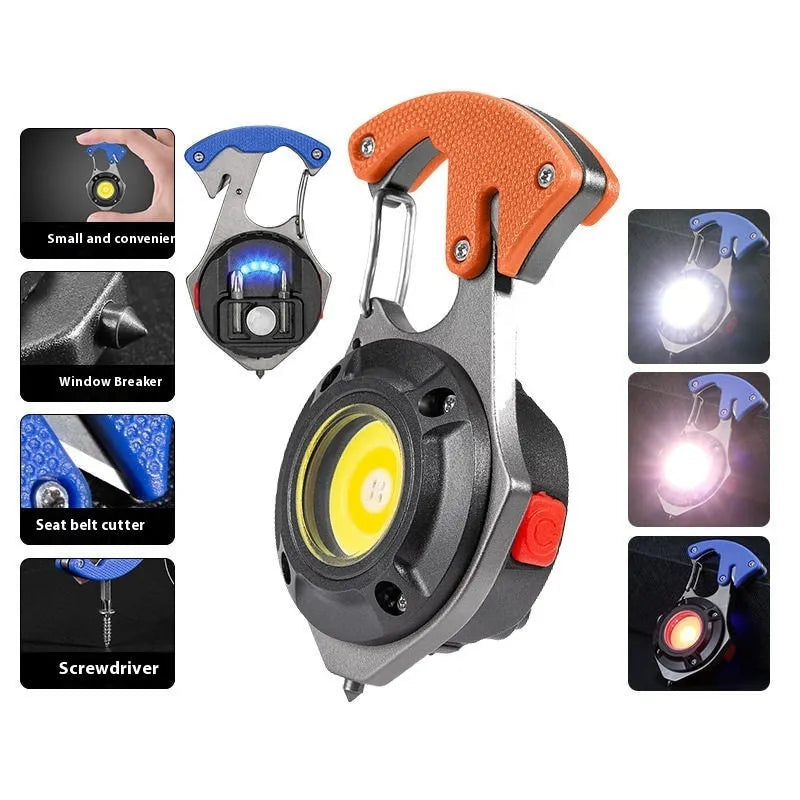 Silver and black multifunctional keychain light with LED array, window breaking hammer tip, and screwdriver.