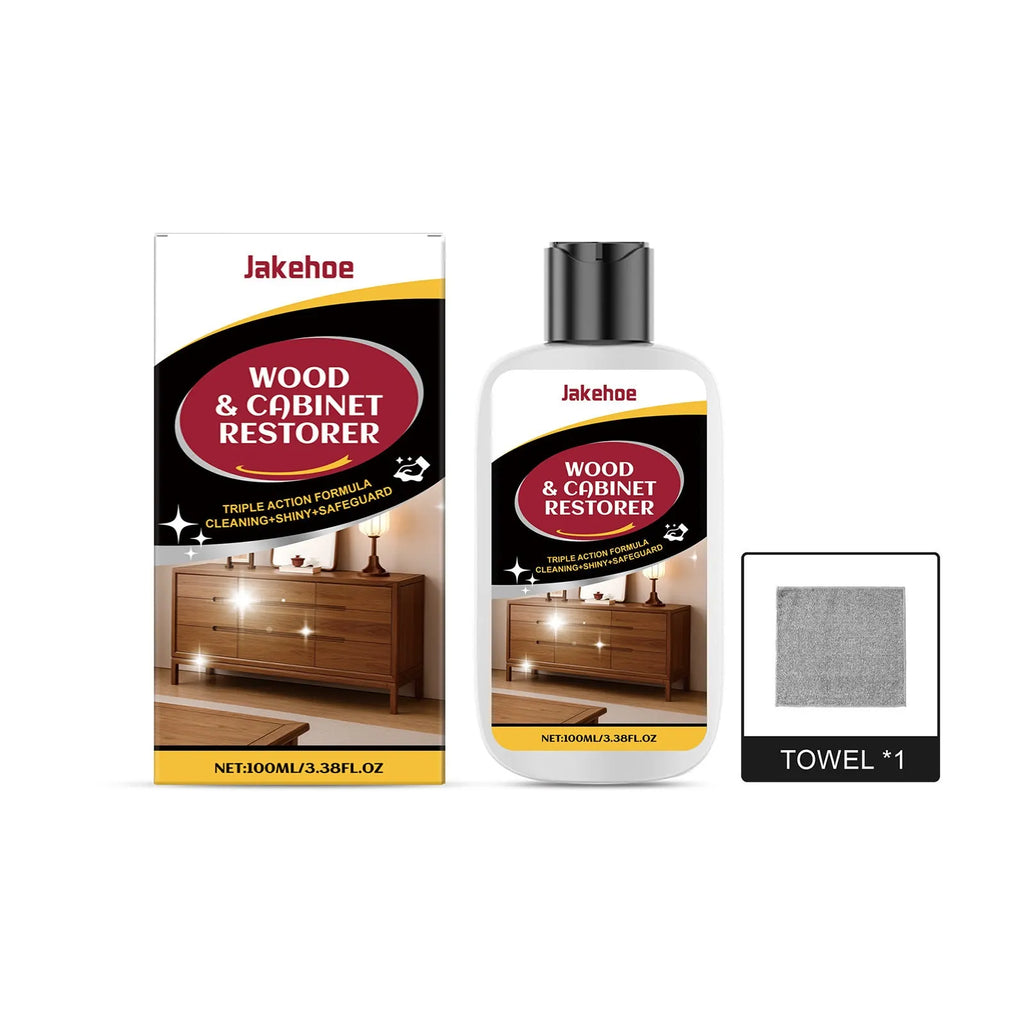Wooden furniture scratch care solution bottle with microfiber towel for cleaning and maintenance