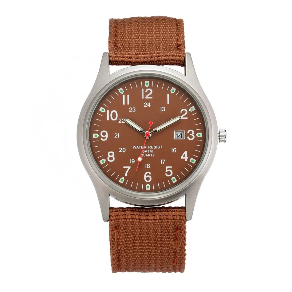 Military fabric strap watch for men, 7mm thick, sports army clock with calendar, available in 20 colours