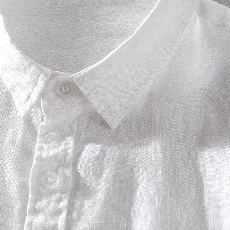 Men's loose fit short sleeve linen blend shirt in a solid colour, shown on a hanger.