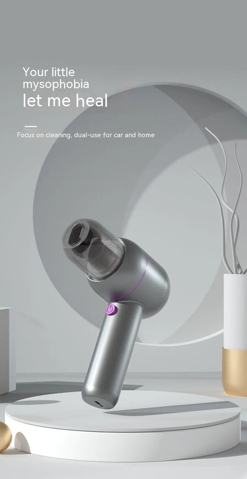 Grey handheld portable car vacuum cleaner with brush and extended nozzles showing 19cm dimensions