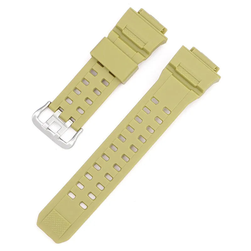 Camouflage pattern TPU rubber watch strap with a silver buckle.