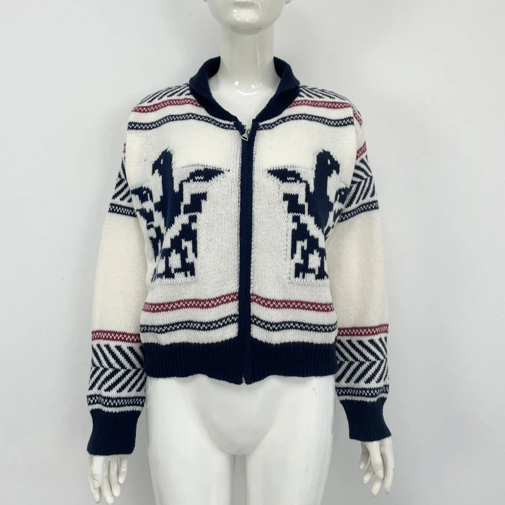 White women's zip-up cardigan with a jacquard contrast colour stripe pattern and a lapel collar.