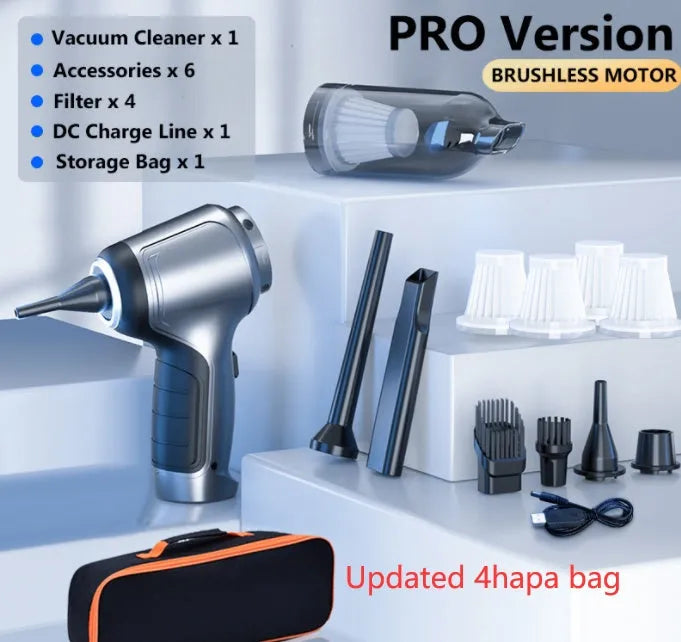 Handheld and vertical vacuum cleaner with brushless motor mounted in car with charging cable and accessories bag
