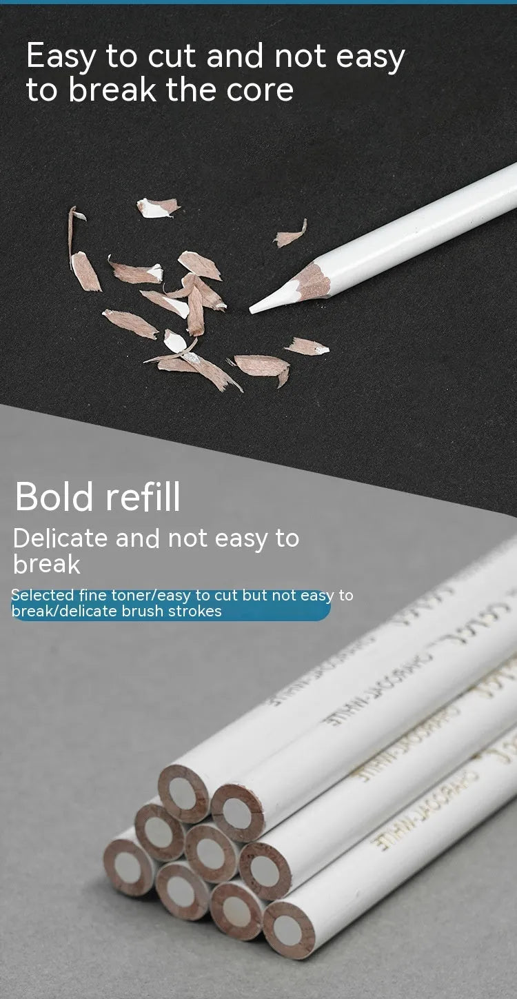 Set of three white charcoal sketching pencils with wooden barrels for highlighting on dark paper