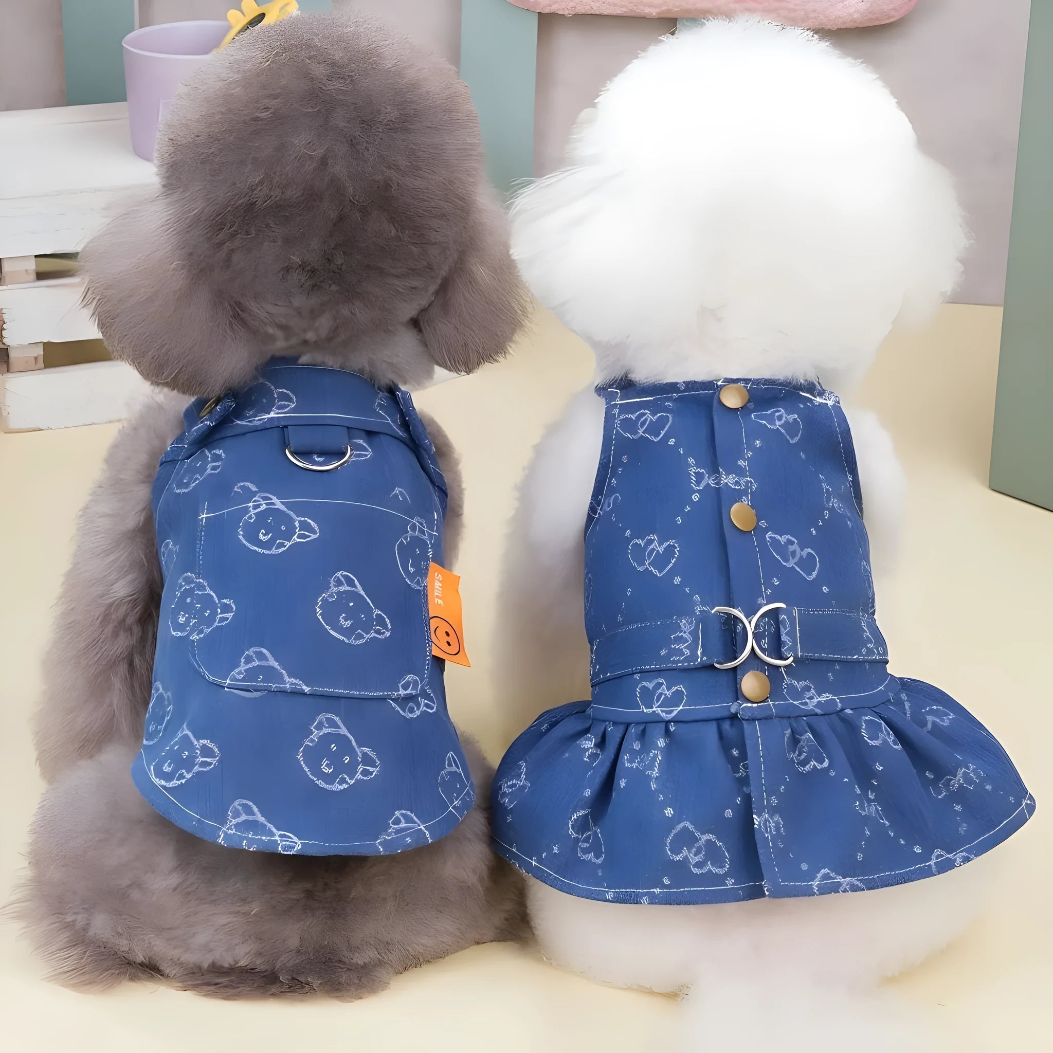 Teddy Bichon dog wearing denim princess dress with bracket skirt design