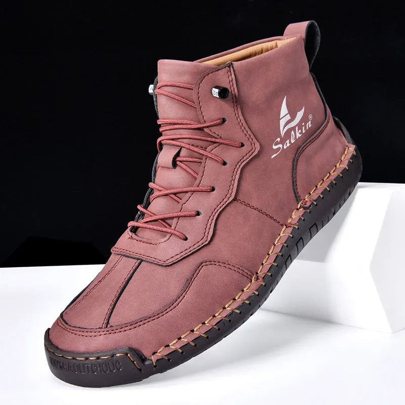 Men's high-top retro ankle boots in beige with elastic band closure and sewing line details