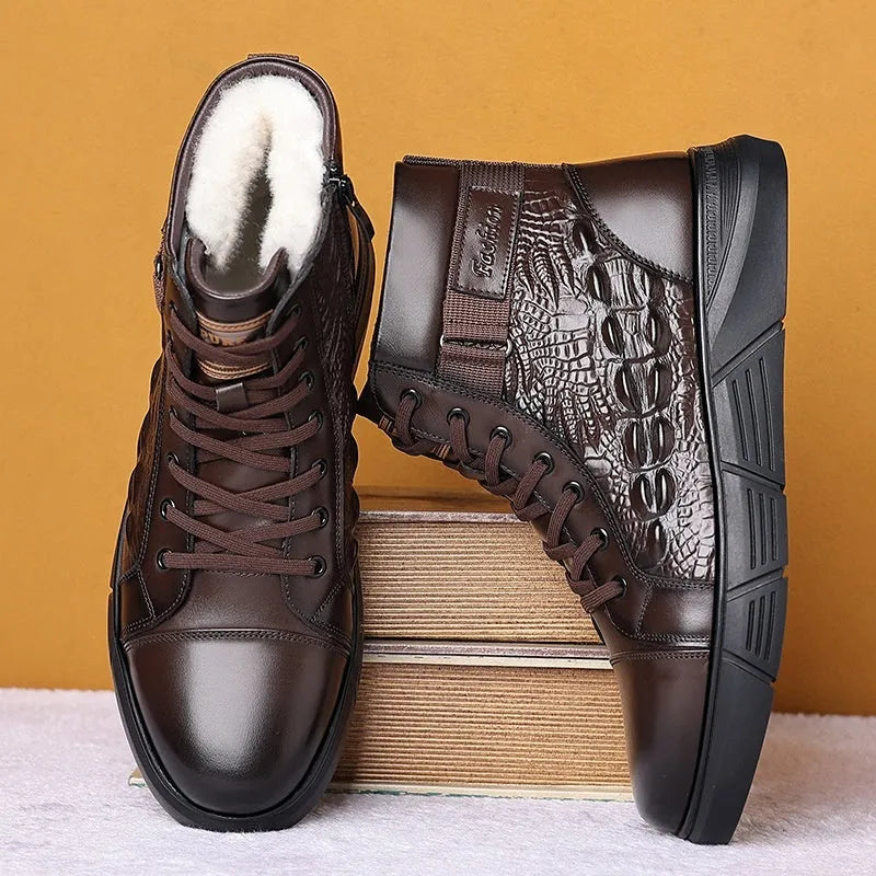 Men's black genuine leather snow boots with integrated fur trim and lace-up front.