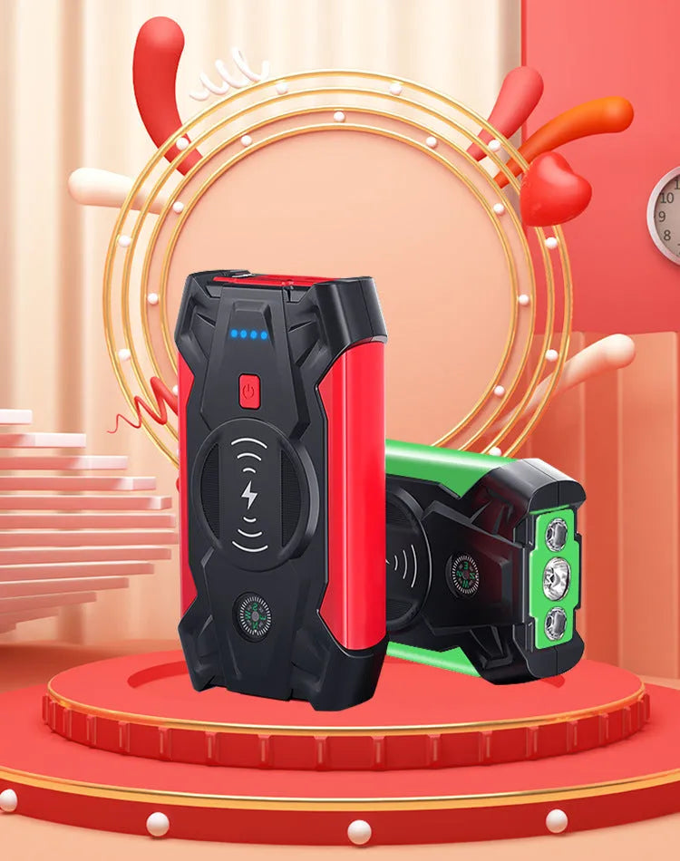 Red 12V car emergency jump starter power pack with battery clips and digital display
