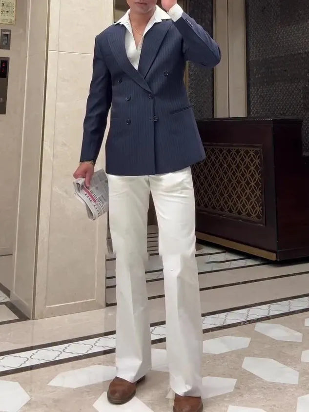 Men's striped double breasted blazer with regular fit polyester construction