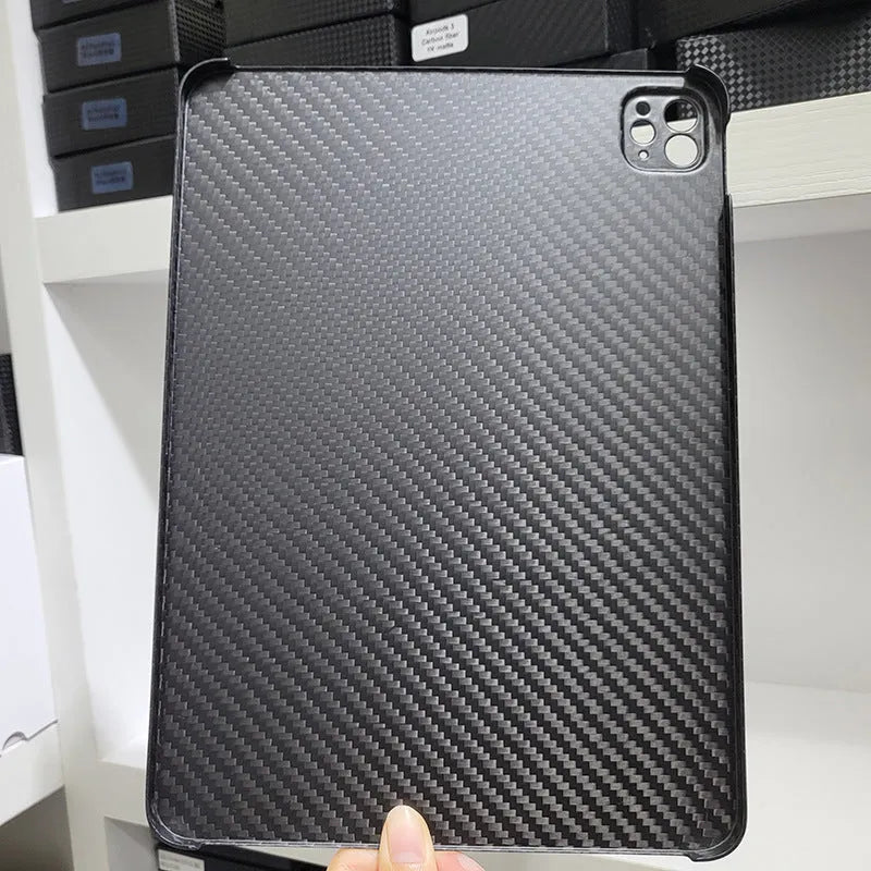Carbon fibre protective cover for iPad Pro 11 showing embossed plaid texture