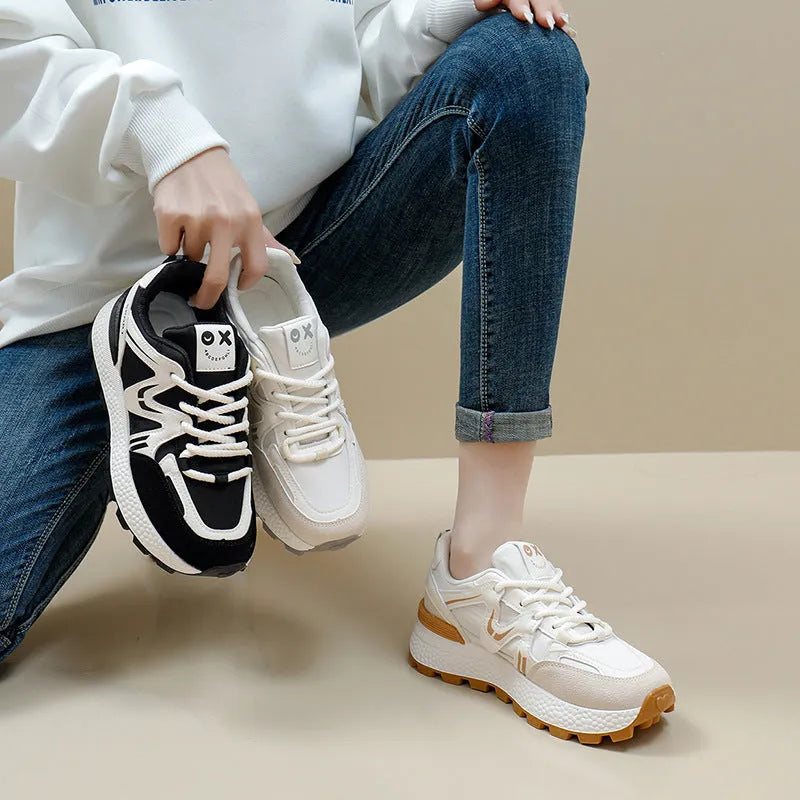 Women's black artificial PU platform casual shoes with round toe and front lace-up closure on a flat heel.