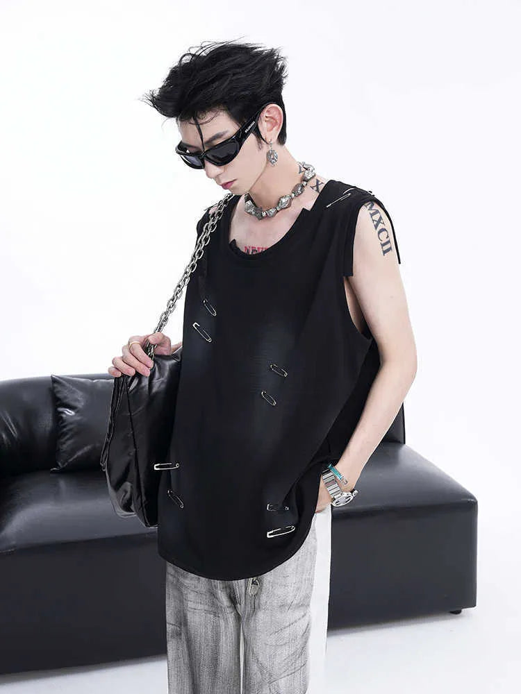 Men's black sleeveless vest waistcoat with irregular ripped cutting detail and round neck collar