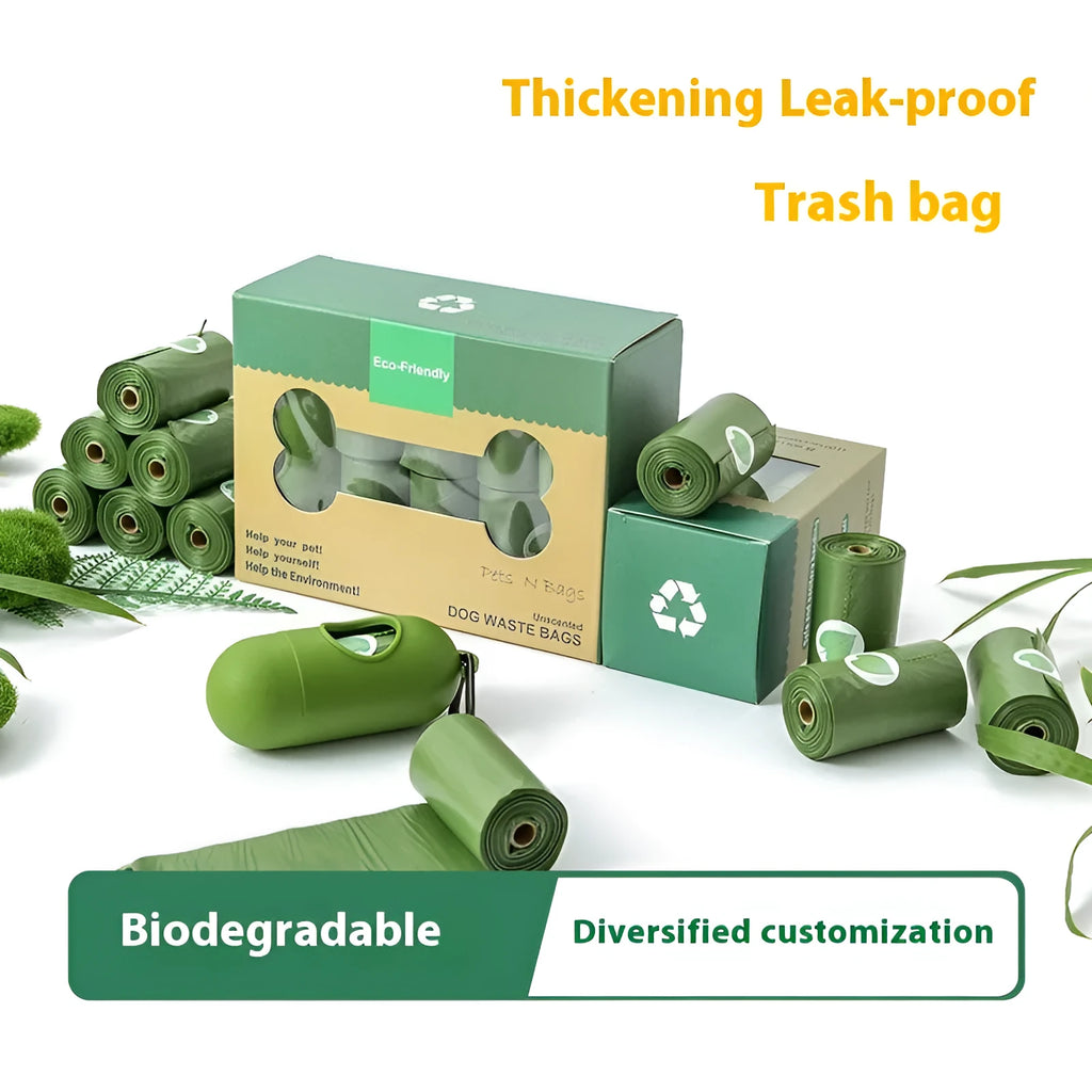 Roll of EPI degradable, thickened pet waste bags in green, shown with a lavender scent or unscented label option.