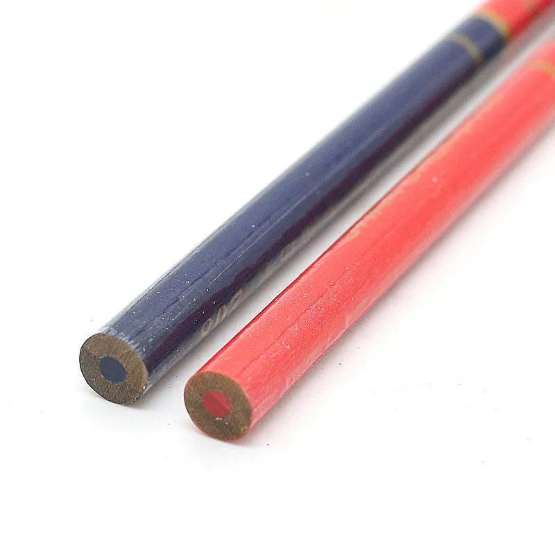 Red and blue two-colour carpenter's pencils with wooden round shells in 10-piece pack