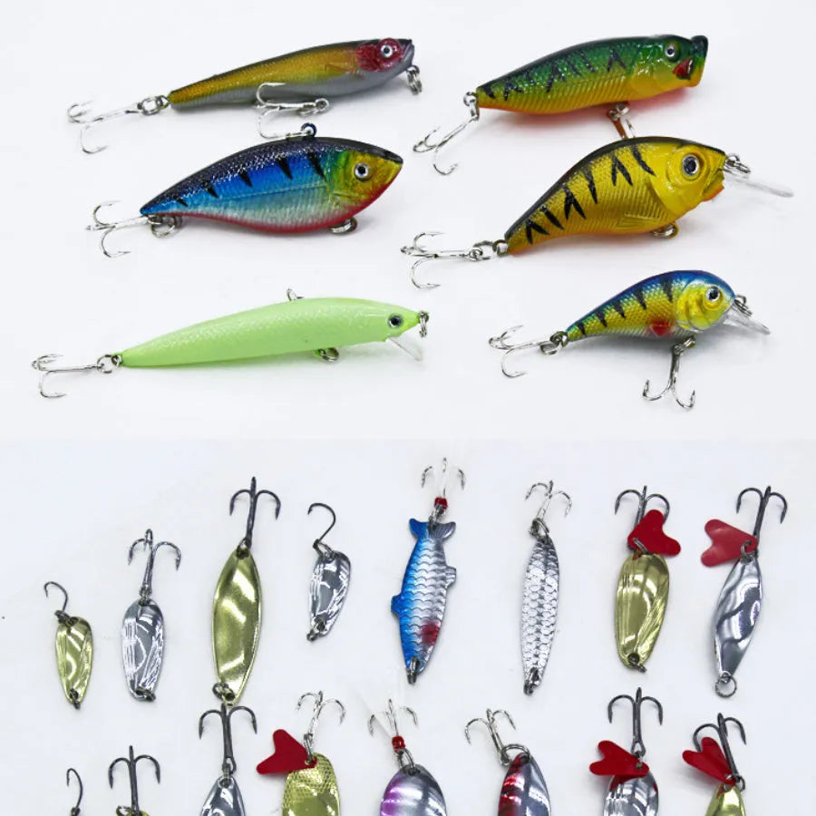 132-piece fishing lure set with soft baits and hooks in rose red treasure colour