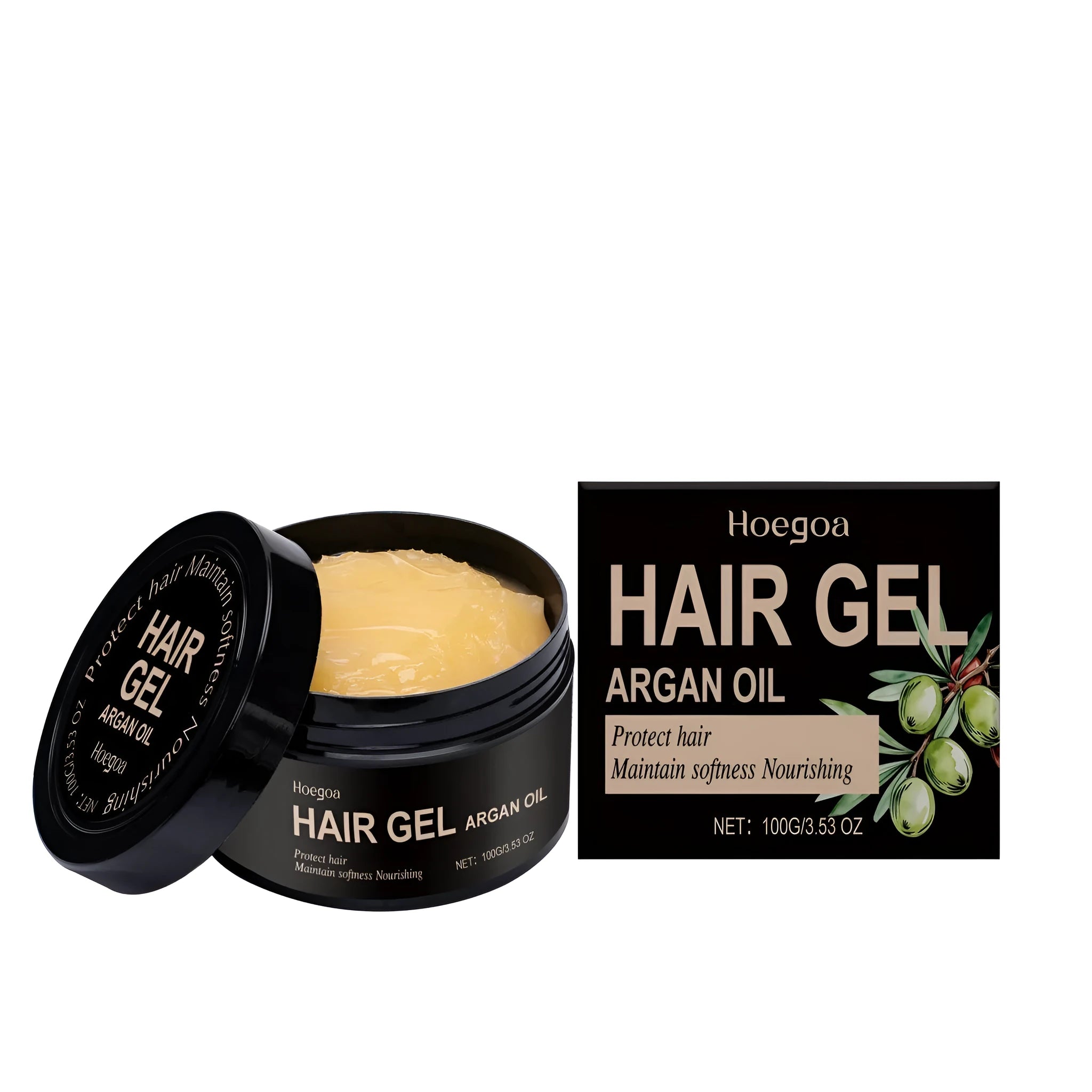 100 ml bottle of Moroccan Nut Oil Setting Gel for hair styling with hyaluronic acid.