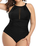 Women's one-piece swimsuit with lace body detail in solid black red flower or stripe pattern polyester fabric sizes L to 4XL