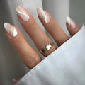 Golden lines plaid pattern wearable nail stickers in medium drop shape with jelly glue.
