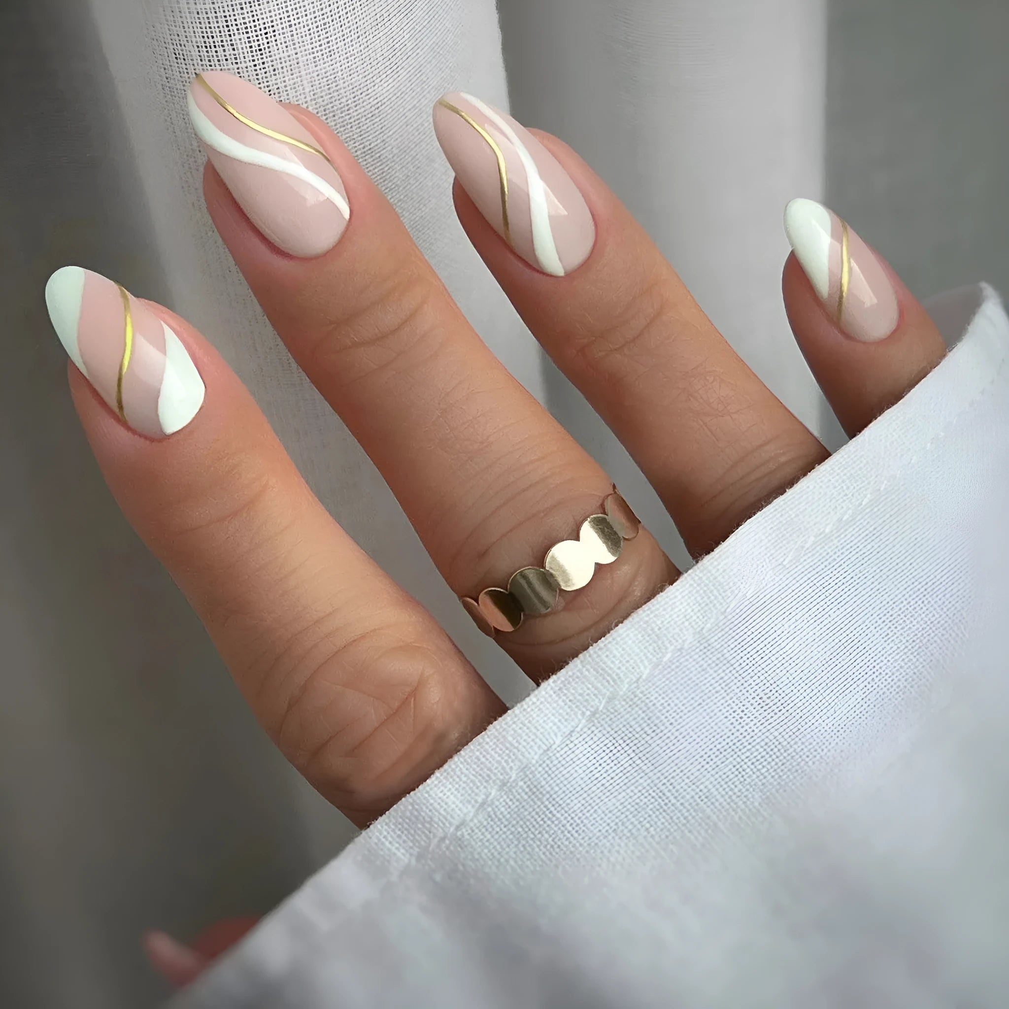 Golden lines plaid pattern wearable nail stickers in medium drop shape with jelly glue.