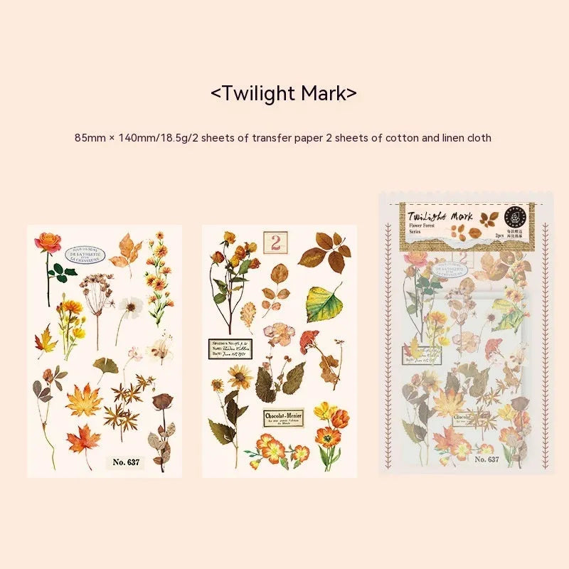 Huazhisen Series forest art sticker material pack showing printed transfer paper and cotton linen sheets
