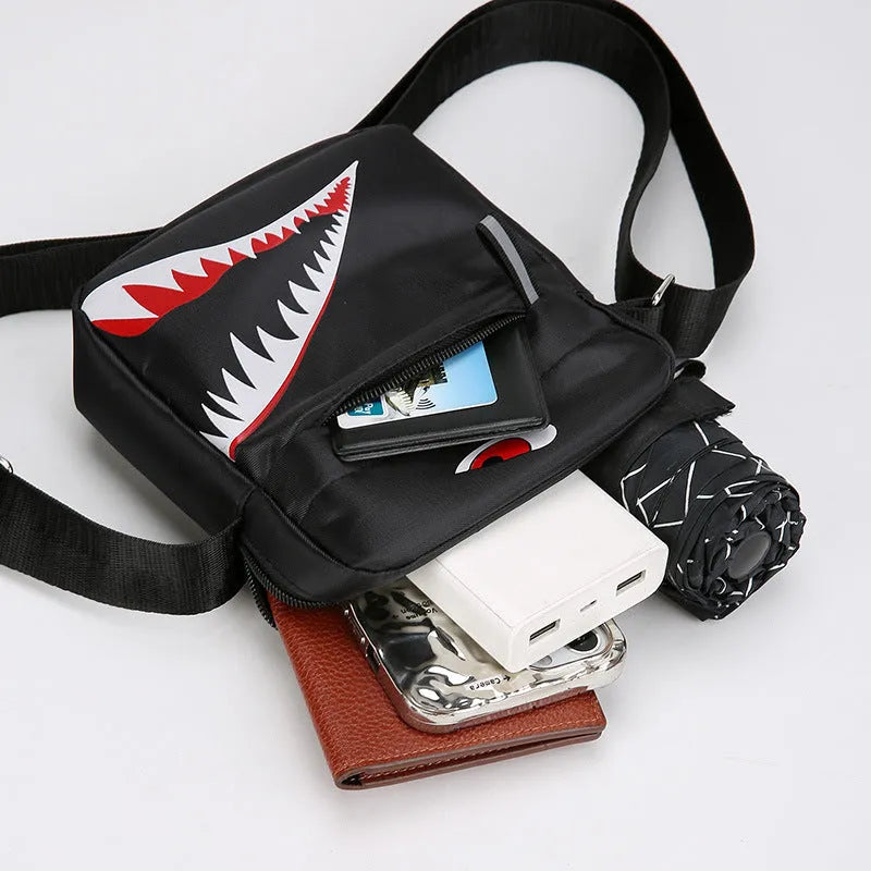Men's black crossbody bag with animal print pattern made from Oxford cloth