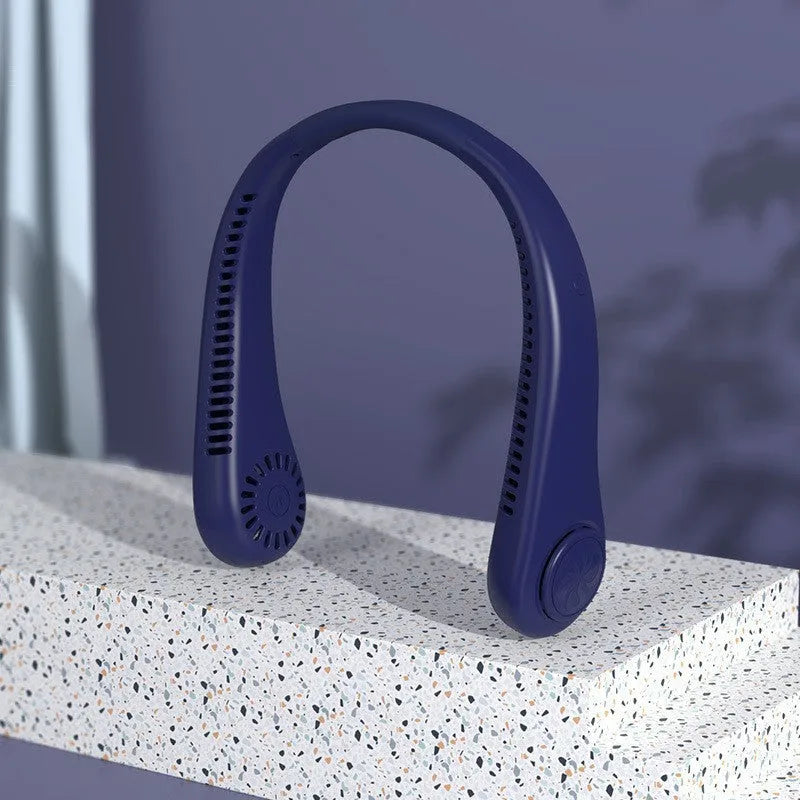 Pink bladeless neck fan with USB charging port and adjustable speed controls
