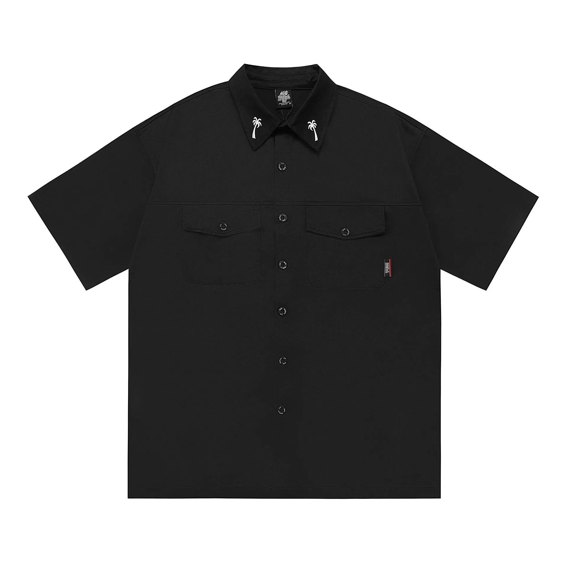 Men's black loose-fit cotton blend shirt with chest pocket and embroidered design on half sleeve.