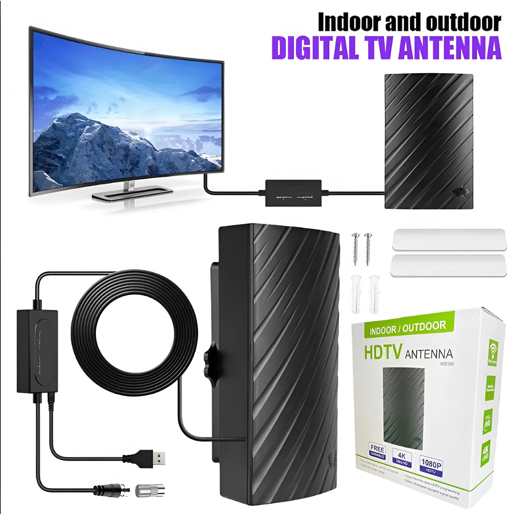 Black plastic indoor digital television antenna with mounting accessories.