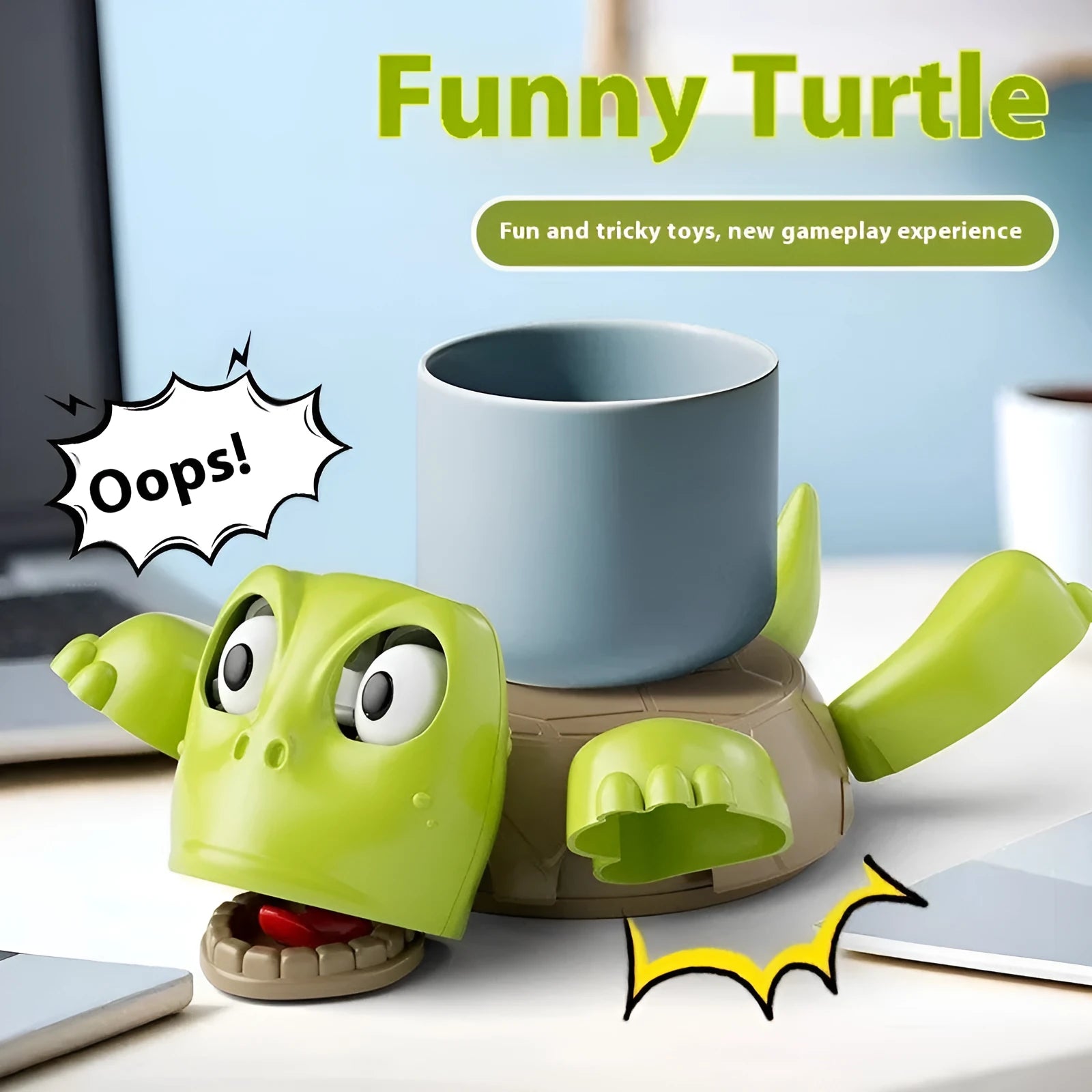Creative turtle-shaped ABS plastic coaster in green on a wooden table.