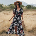 Women's floral summer beach dress with V-neck and high waist in yellow black or blue mid-length print